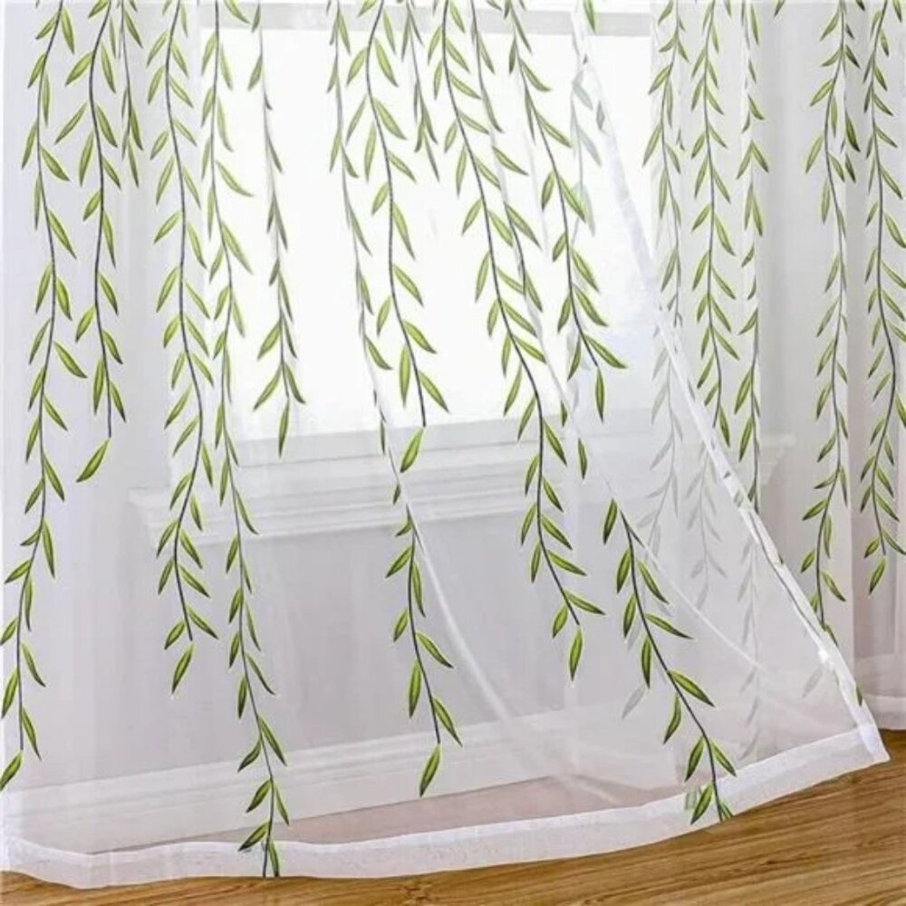 Set of 2 Green Sheer Curtains Printed Sheer Bedroom Curtains 2 Panels 78 inches